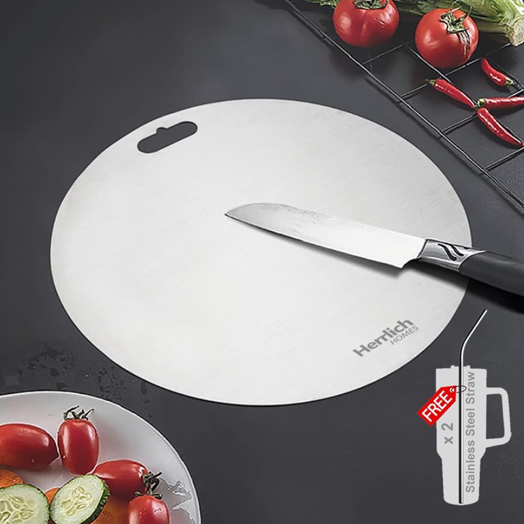 Round Stainless Steel Chopping Board for Kitchen - Free 2 Steel Straw -  30.5cm Diameter