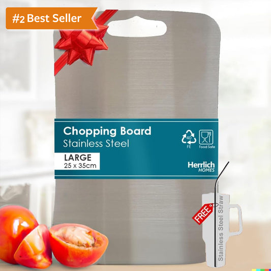 Large Rectangular Stainless Steel Chopping Board for Kitchen - Free 2 Steel Straw -  25 x 35 cm