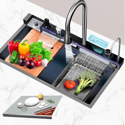 304 Digital Stainless steel Smart Sink for Kitchen  | 30x18x9 Inches | Free Steel Chopping Board | Top Mount, Accessories Included, Honeycomb Design, Nano Coating, Multifunctional